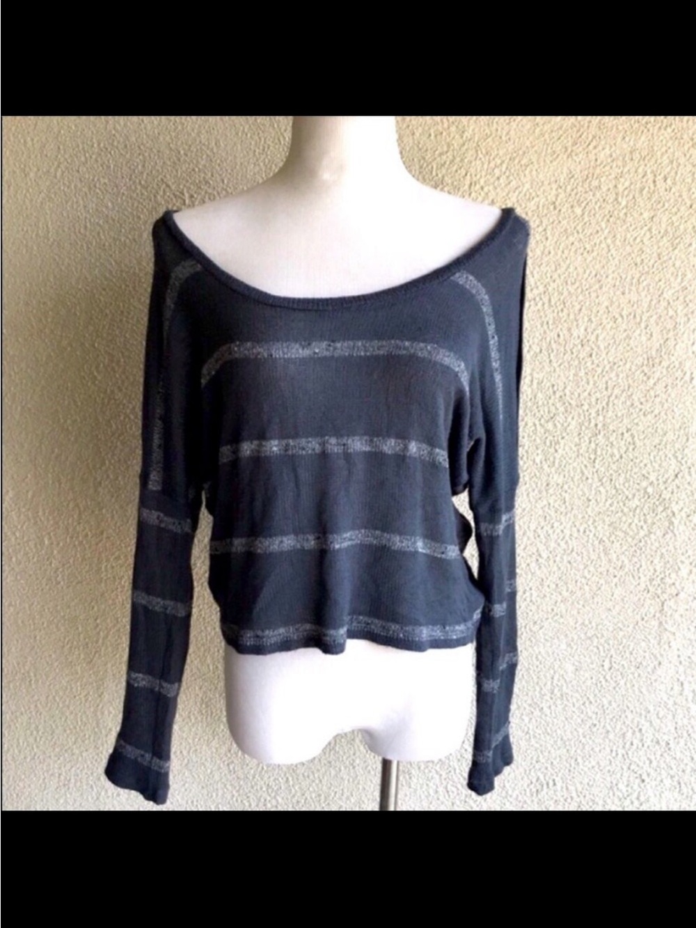 Splendid Charcoal Striped Off-Shoulder Crop Top